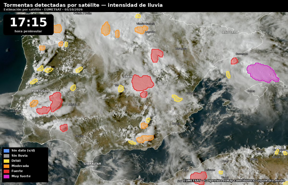 poliedro_media's tweet photo. 🔴 ES-Alert en Cataluña por lluvias torrenciales en el litoral de Barcelona, Tarragona y Girona: movilidad restringida en 20 comarcas.

A las 17:15, el satélite ve una gran tormenta frente a la costa (magenta: lluvia "muy fuerte").

Te mostramos cómo evoluciona, hora a hora 👇 https://t.co/rT0F8DudWM