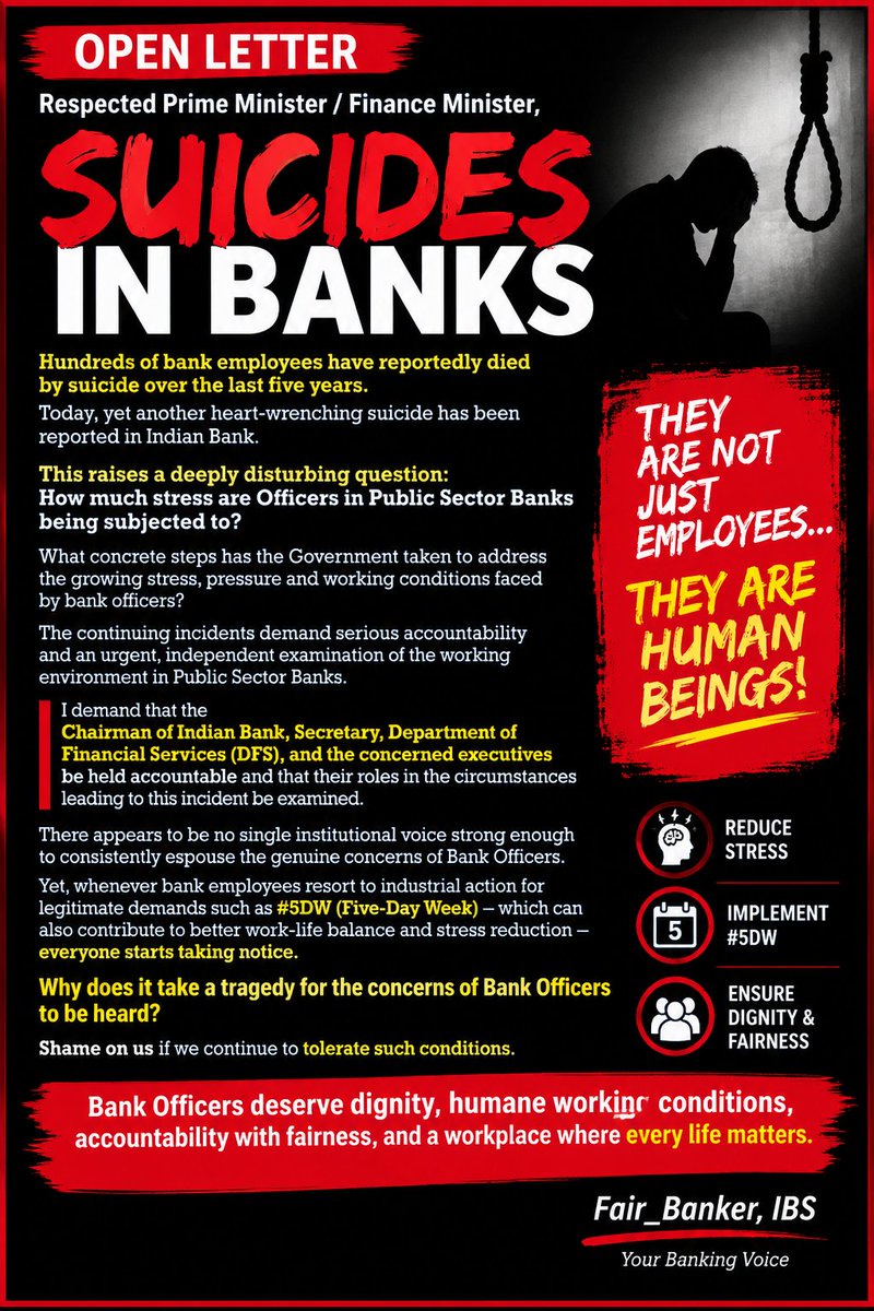 Fair_Banker's tweet photo. Respected PM- @narendramodi, FM @nsitharaman @nsitharaman 

Only question.  Do you hv heart? What if this happens to your family?
When you will destress bankers!

@republic  @TamalBandyo @livemint  @DFS_India 

@aiboc_in @aiboctamilnadu @AIBOAOFFICIAL @gsnobo1977 hold demo in TN https://t.co/OiBbzv0xBs