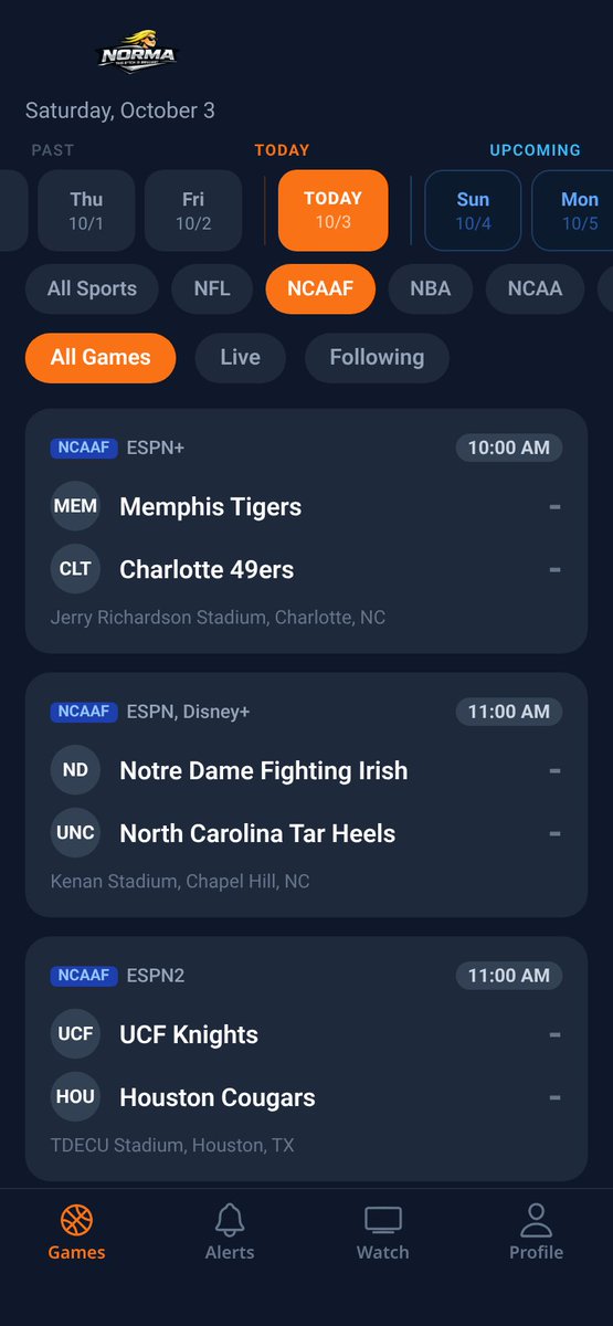 watchNORMA's tweet photo. Memphis–Charlotte. Notre Dame–North Carolina. UCF–Houston. Three early windows — don't treat the Saturday stack like background noise.

Open Norma before kick → https://t.co/nlStkgOCXy
#WatchNORMA #TuneIn #CFB https://t.co/LdBOzqp9Jd