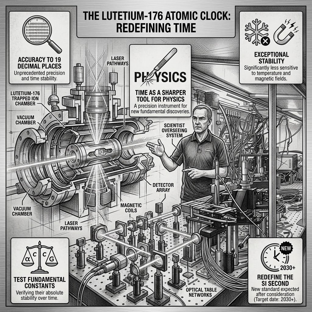 DARKCOMX's tweet photo. Scientists have built a lutetium-176 atomic clock accurate to 19 decimal places, with far less sensitivity to temperature and magnetic fields than earlier clocks. That stability makes time itself a sharper tool for physics, from testing whether fundamental constants truly stay constant to redefining the second. The new standard is not expected to be considered until 2030.

When a Clock Redefines Time
