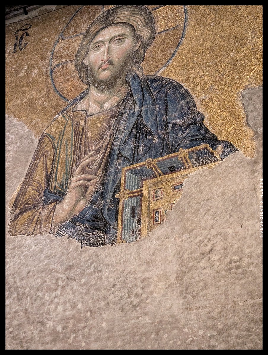 KS1729's tweet photo. the Deësis mosaic, Hagia Sophia, Byzantine mural from the 13th century, with Christ Pantocrator, flanked by the Virgin Mary and John the Baptist. https://t.co/YY0Ha4rCYT