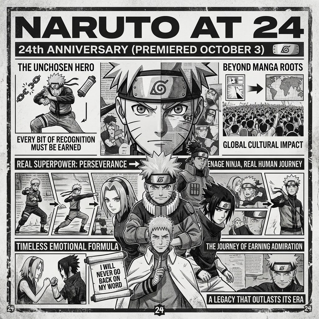 DARKCOMX's tweet photo. 24 years ago today, Naruto premiered and began a story that would grow far beyond its original manga roots. Its longevity came from making a teenage ninja feel less like a chosen hero and more like someone who had to earn every bit of recognition, turning perseverance into the series’ real superpower. Its era is gone, but that emotional formula still travels.

Naruto at 24