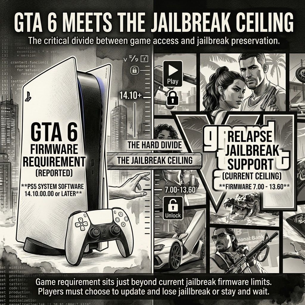 DARKCOMX's tweet photo. GTA 6 reportedly requires PS5 system software 14.10.00.00 or later, while the recently released Relapse jailbreak currently supports firmware 7.00 through 13.60. That puts the game just beyond the jailbreak’s current ceiling, turning a version requirement into a hard divide between playing GTA 6 and staying on a currently supported jailbreak firmware. The 14.10 requirement itself is still only reported.

GTA 6 Meets the Jailbreak Ceiling