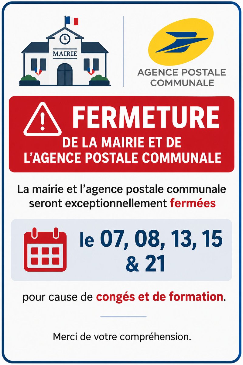 com_planchez's tweet photo. La mairie et l'agence postale seront fermées les 07, 08, 13, 15 &amp; 21 pour congés et formation. Merci de votre compréhension.
#fermeture #mairie #agence postale #information #congés #formation https://t.co/AzfpFANBkp