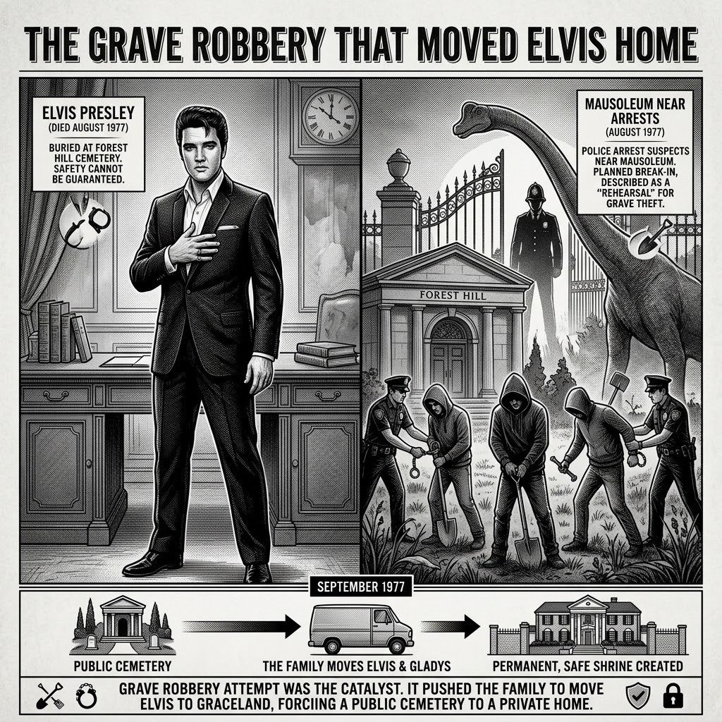 DARKCOMX's tweet photo. Elvis was buried at Forest Hill in August 1977, but less than two weeks later, police arrested suspects near the mausoleum during what they described as a rehearsal for a break-in. The threat did more than protect a grave. It pushed the family to move Elvis and Gladys to Graceland, turning his home into a permanent shrine because a public cemetery could no longer guarantee their safety.

The Grave Robbery That Moved Elvis Home