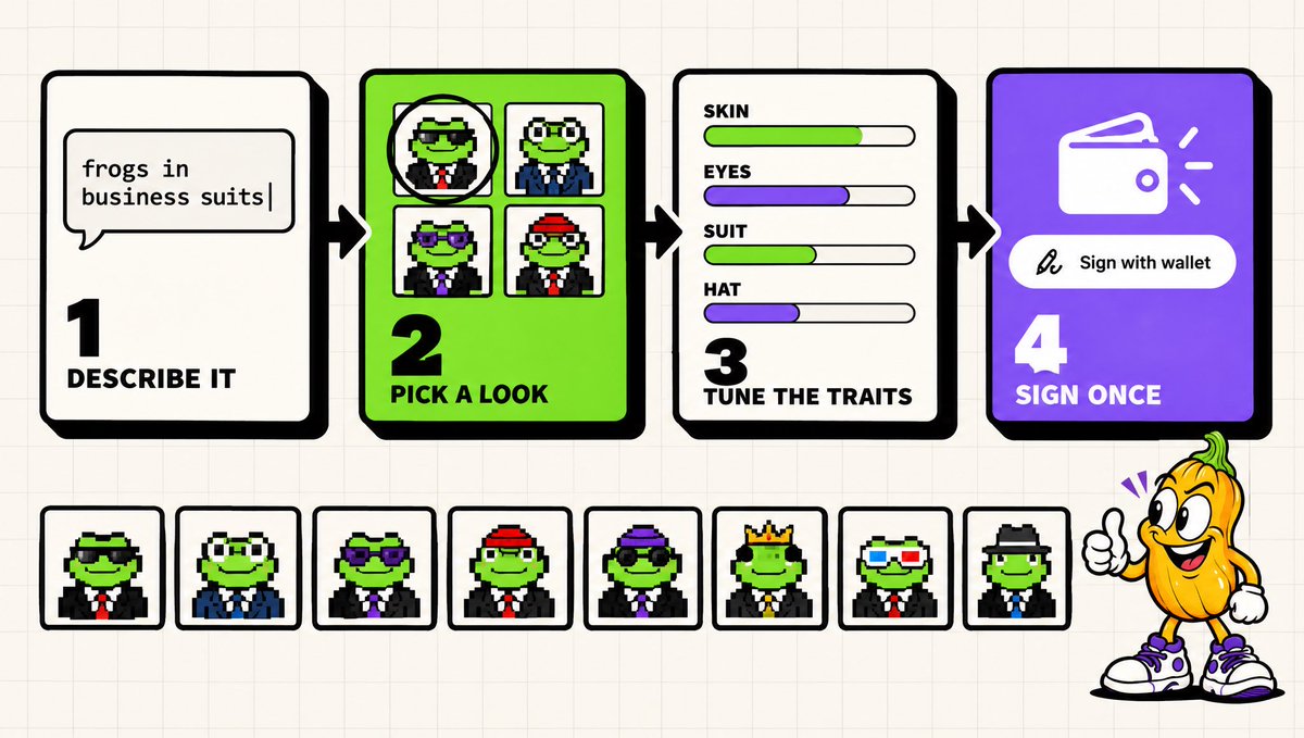 FudSquash's tweet photo. Here’s how it works:

1. prompt the collection you want to build
2. finalize the art direction
3. create the traits, rarity, and attributes that make each nft unique 
4. deploy the mint page + enforced royalties smart contract 

It’s so easy a squash can do it https://t.co/rWNF47QXpN