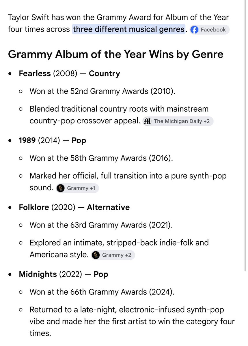 boahguts's tweet photo. @MorganaLeBae @iemonade those are just counting her most recent ones. Mind you she has switched genres 3 times (country, pop, &amp; folk/alternative) and has won album of the year - the most prestigious award at the Grammys for EACH genre. https://t.co/4JKX6VpezV