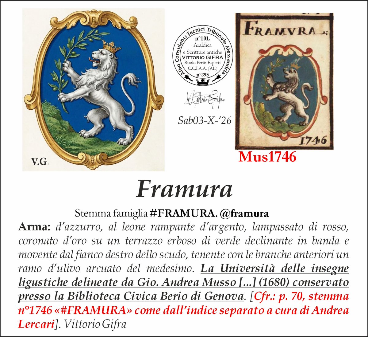 VGIFRA's tweet photo. Stemma famiglia #FRAMURA. @framura
Arma: d’azzurro, al leone rampante d’argento, lampassato di rosso, coronato d’oro su un terrazzo erboso di verde declinante in banda e movente dal fianco destro dello scudo, tenente con le branche anteriori un ramo d’ulivo arcuato del medesimo. La Università delle insegne ligustiche delineate da Gio. Andrea Musso [...] (1680) conservato presso la Biblioteca Civica Berio di Genova. [Cfr.: p. 70, stemma n°1746 «#FRAMURA» come dall’indice separato a cura di Andrea Lercari]. Vittorio Gifra