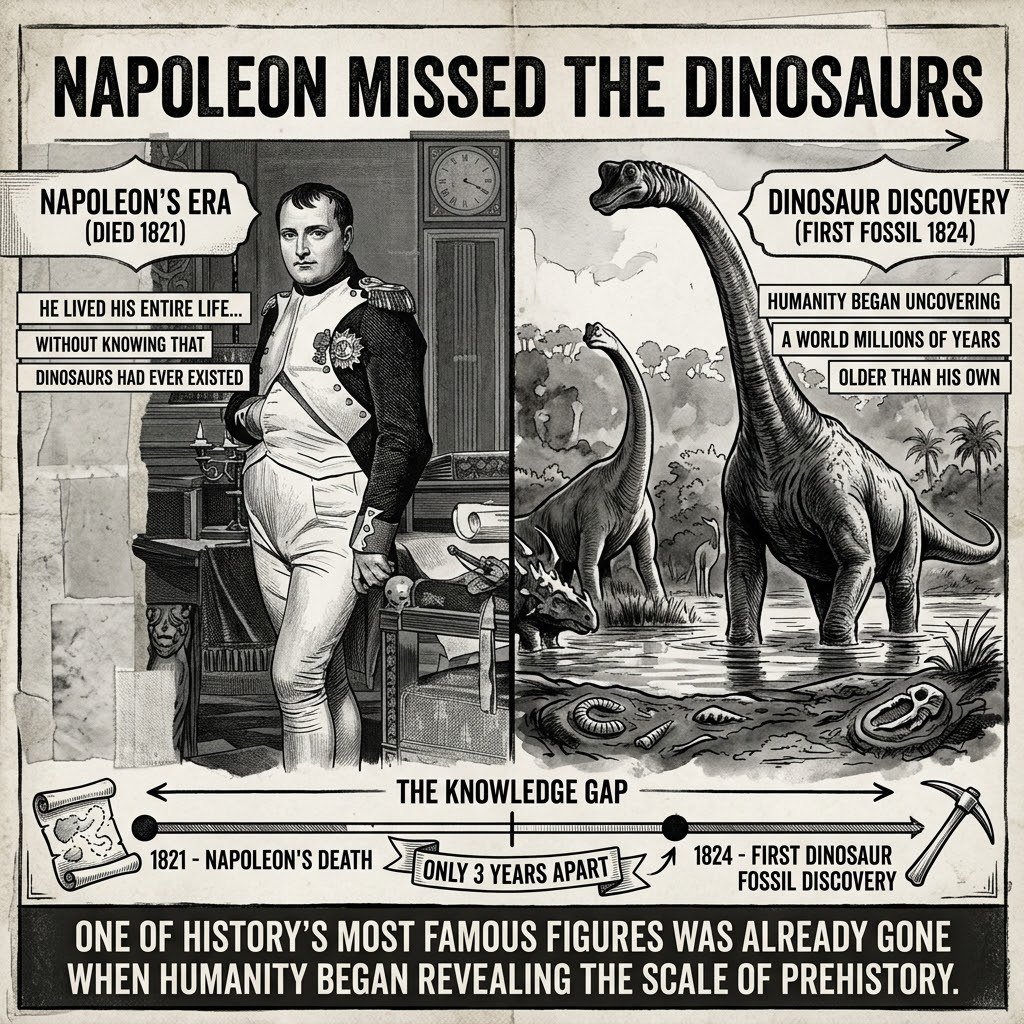DARKCOMX's tweet photo. Napoleon died in 1821, three years before the first dinosaur fossil was discovered in 1824. He lived his entire life without knowing that dinosaurs had ever existed, so one of history’s most famous figures was already gone when humanity began uncovering a world millions of years older than his own. The discovery expanded human knowledge, but Napoleon could never have known the scale of what was being revealed.

Napoleon Missed the Dinosaurs
