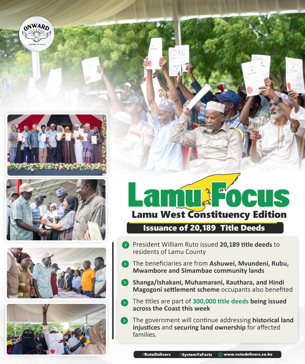 Tito_kenyan's tweet photo. President Ruto is delivering on land ownership. 4,500 titles issued in Tana River County.  

30,000 acres from key ranches will also be acquired to resettle more families. The government is solving the squatter challenge. #TanaRiverFocus https://t.co/5Dt5hmoUJH