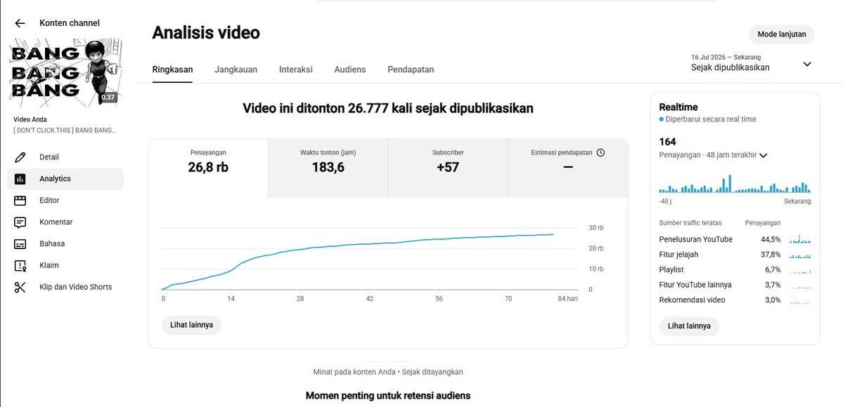 botakjiperr's tweet photo. Hi @TeamYouTube @YouTubeCreators , I’m experiencing an issue with my YPP watch hours. One of my videos has 26,777 views and 183.6 hours of watch time, https://t.co/46HSOYKxm7
