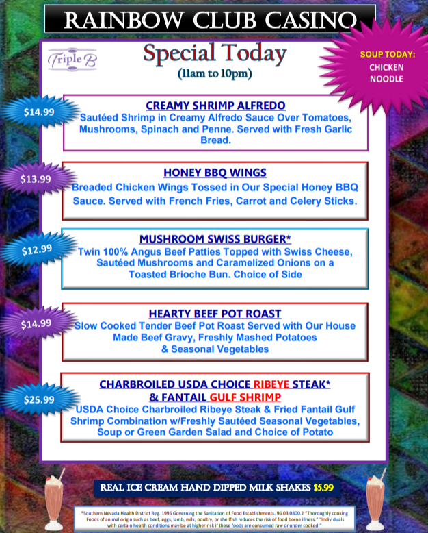 rainbowclublv's tweet photo. FINALLY the weekend! Which #DailySpecial are you celebrating with?

🦐 Creamy Shrimp Alfredo
🍯 Honey BBQ Wings
🍔 Mushroom Swiss Burger
🍲 Hearty Beef Pot Roast
🥩 Charbroiled USDA Choice Ribeye Steak &amp; Fantail Gulf Shrimp https://t.co/pgYu7JyKxB