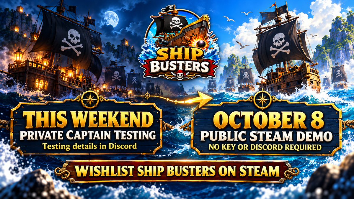 ShipBustergame's tweet photo. 🏴‍☠️ Captain Beta Weekend!

Private testing continues. Public Steam demo opens Oct 8th, no key or Discord required.

Captains: https://t.co/17trN52cyj

Wishlist: https://t.co/ZKgN2AE56h

#ShipBusters #IndieGame https://t.co/6Uj5OPIqeZ