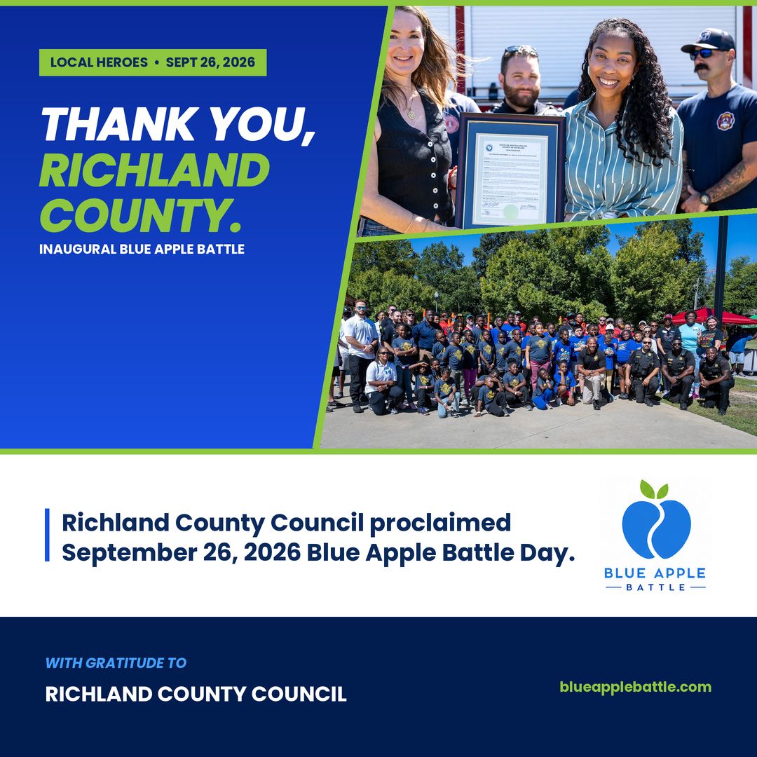BlueAppleBattle's tweet photo. Last Saturday was the first Blue Apple Battle. Thank you, @RichlandSC. County Council proclaimed September 26 Blue Apple Battle Day, and we received it right on the field. #BlueAppleBattle #LocalHeroes https://t.co/PIrQe57rtU