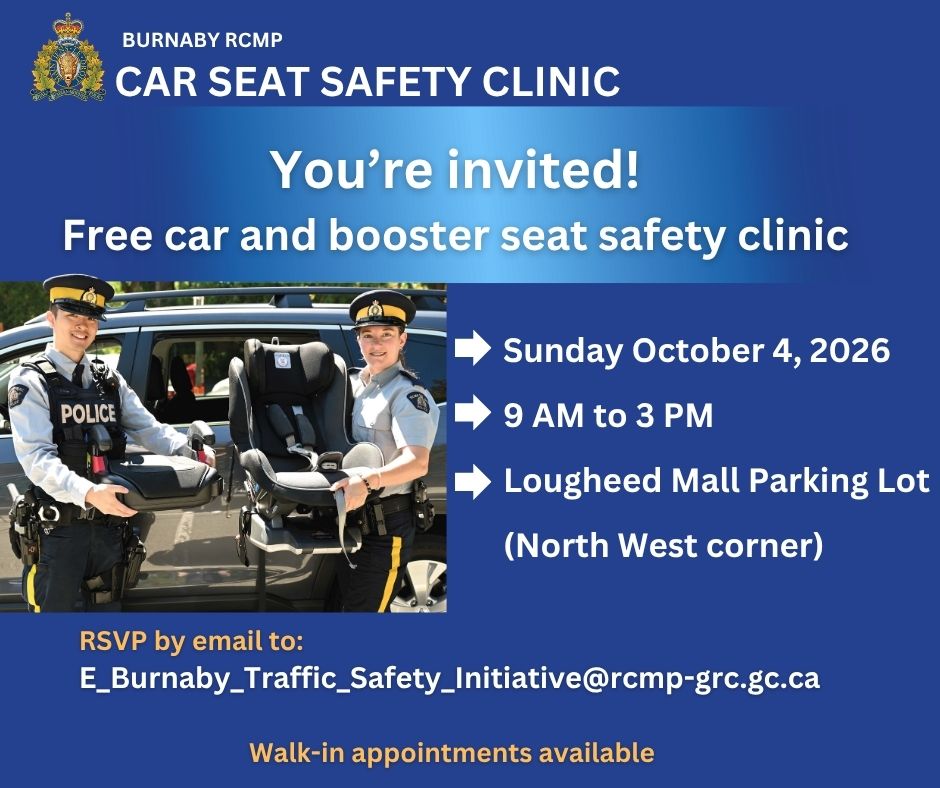 BurnabyRCMP's tweet photo. Have questions or need help with your child’s car or booster seat? 

Join us for a personalized appointment with a Certified Child Passenger Safety Educator. Appointments encouraged, but some walk-in spots will be available. @BCAA

Details ⬇️ https://t.co/QZohL9YJbJ