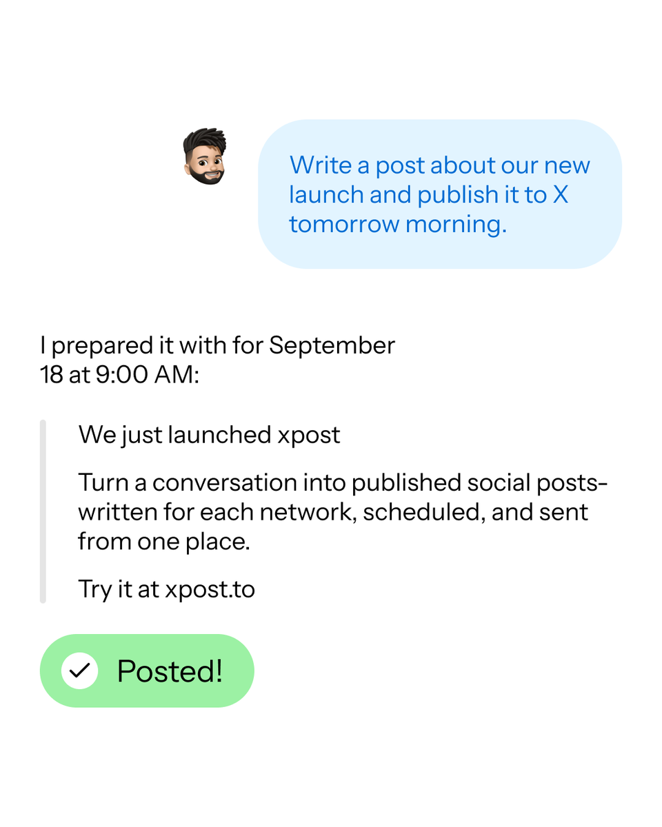 xpost_to's tweet photo. xpost is now in ChatGPT 🎉

Create. Adapt. Schedule. Publish. Analyze.

Just ask ChatGPT — xpost turns the conversation into posts.

Your social media workflow can now start right inside the chat 💜 https://t.co/CnaQPUCF8w