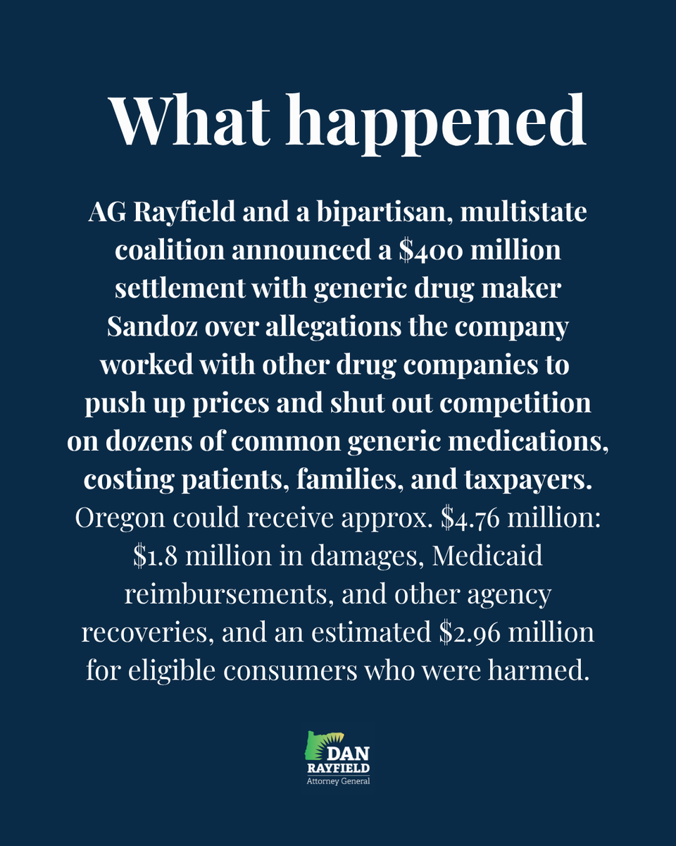 AGDanRayfield's tweet photo. This week, we announced a $400 million settlement with a generic drug company for driving up prices and shutting out competition. 

Oregonians may be eligible for compensation – visit https://t.co/tKxrDs8OR3 to learn more. https://t.co/bC15pyKQOP