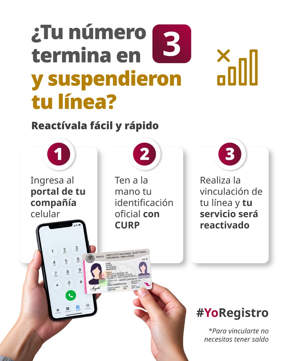 CRTGobMX's tweet photo. ¿Se te pasó la fecha para vincular tu línea? 👀
No te preocupes, tu línea todavía puede volver. 

Reactívala con tu compañía y vuelve a conectarte. 👌📶

Hazlo desde tu celular. Ubica la plataforma en:
https://t.co/VUdmsZUVEZ

#YoRegistro #reactivacióndetulinea https://t.co/l47KC6WvMQ