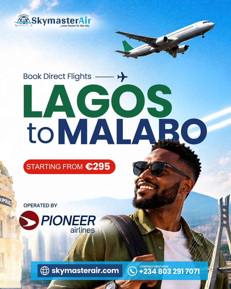 Skymasterair's tweet photo. Your next trip to Malabo is closer than you think! 🌴 Flight connections don’t have to be long or complicated—fly direct from Lagos to Malabo with Skymaster Air starting from just €295! 🛫✨ Enjoy smooth, hassle-free travel operated by Pioneer Airlines. https://t.co/Y6R74WaMiw