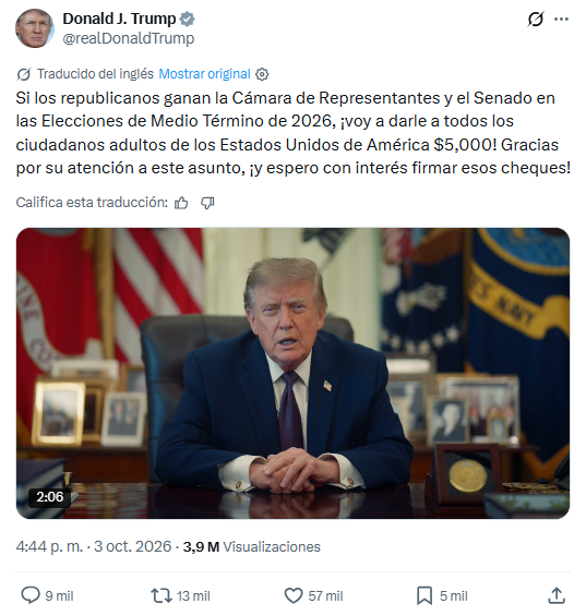 JulianMaciasT's tweet photo. Donald Trump acaba de publicar en sus redes que si los republicanos ganan las Mid Terms le dará 5.000 dólares a cada ciudadano en edad de votar.
¿Lo de que comprar elecciones cuando dejo de ser ilegal? https://t.co/BwWKwNrw2t