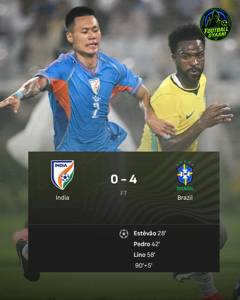 FootballGyaani's tweet photo. Brazil vs India: a battle of flair, pace and pure football intensity! 🇧🇷🇮🇳🔥

A historic night in Kolkata as India goes toe-to-toe with Brazil. What a moment! ⚽

#IndiaVsBrazil #BrazilVsIndia #IndianFootball #BrazilFootball #Footbal https://t.co/jo5NvkxdV2
