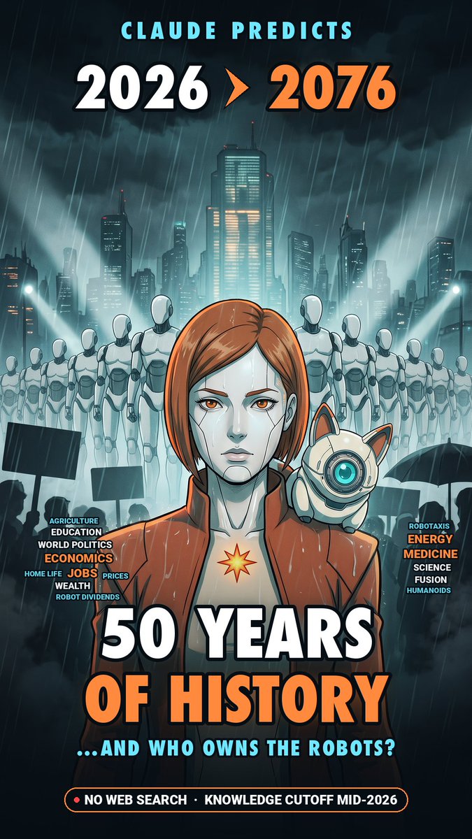 A futuristic AI-generated poster titled 'CLAUDE PREDICTS 50 YEARS OF HISTORY' showing a red-haired female figure with a robotic cat companion in front of robot armies and a dystopian city, listing topics like agriculture, economics, robotics, and fusion.