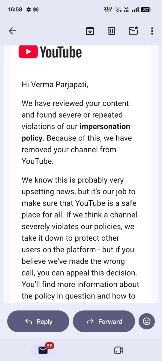 TVerma39006's tweet photo. Hi @TeamYouTube, my channel was terminated for Impersonation. I set a BGMI image as my DP as a fan with no intent to impersonate. It was a mistake. I've submitted an appeal. Please help me restore access so I can change DP.

URL: https://t.co/Hke8hcbuC0 https://t.co/FVIIpfQHpB