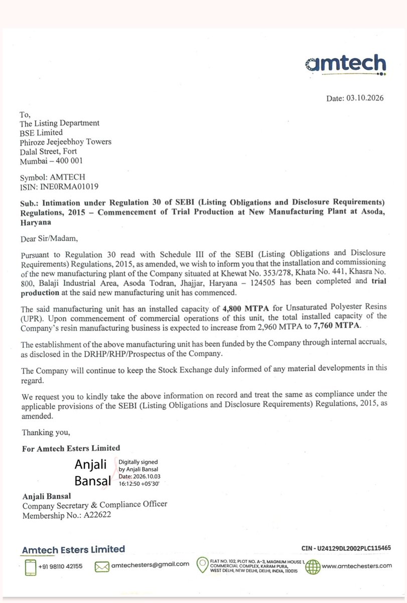 shivs_15's tweet photo. Amtech Esters: Trial production has commenced at its new 4,800 MTPA UPR plant in Haryana, taking total resin manufacturing capacity from 2,960 MTPA to 7,760 MTPA (~2.6×). The expansion is funded through internal accruals. 🚀

#amtech https://t.co/rHDxsk2uIP