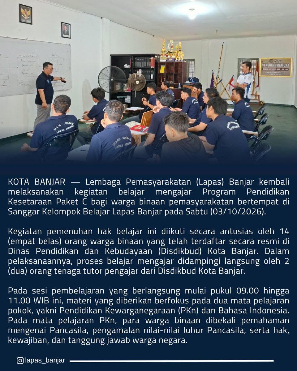 lapas_banjar's tweet photo. Tak ada kata terlambat untuk belajar! πβ¨
Lapas Banjar memfasilitasi 14 warga binaan mengikuti pembelajaran Program Paket C bersama Dinas Pendidikan dan Kebudayaan Kota Banjar di Sanggar Belajar Lapas, Sabtu (03/10/2026).
#LapasBanjar #PendidikanKesetaraan #PaketC https://t.co/29ILedsRaC
