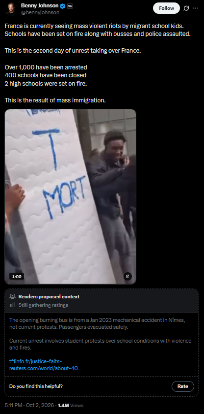 devpoor0x's tweet photo. FRANCE CHAOS IS GOING MEGA VIRAL ON X

Clips of riots, burning schools and buses are everywhere. Posts from Benny Johnson, RadioGenoa and others are doing 1.4M–3.3M views in a day.

Viral post 1.4m views: https://t.co/SNBOfpDEEq

Another one 1.5m views:
https://t.co/VFObu2xSFf https://t.co/XdthzDkMZ4