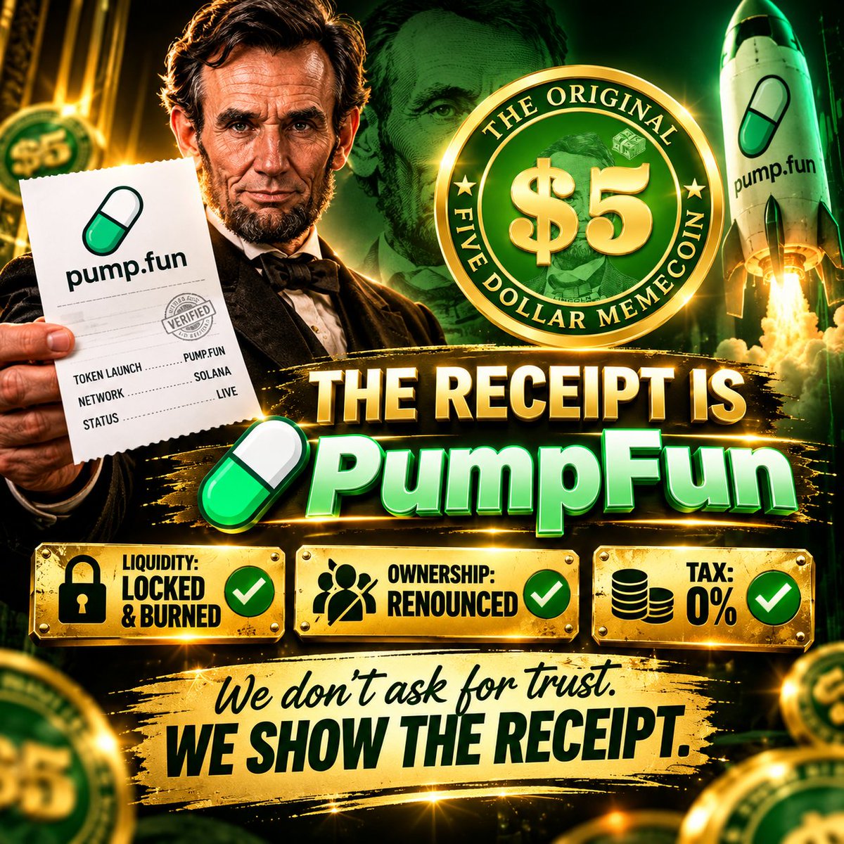 5dollardotfun's tweet photo. 𝗧𝗛𝗘 𝗥𝗘𝗖𝗘𝗜𝗣𝗧 𝗜𝗦 𝗣𝗨𝗠𝗣.𝗙𝗨𝗡. 💵🚀

𝗪𝗲 𝗱𝗼𝗻’𝘁 𝗮𝘀𝗸 𝗳𝗼𝗿 𝘁𝗿𝘂𝘀𝘁. 𝗪𝗲 𝘀𝗵𝗼𝘄 𝘁𝗵𝗲 𝗿𝗲𝗰𝗲𝗶𝗽𝘁. 🧾

$𝗙𝗜𝗩𝗘 — a $5-inspired 𝗦𝗼𝗹𝗮𝗻𝗮 𝗺𝗲𝗺𝗲𝗰𝗼𝗶𝗻 with a simple on-chain story: 𝗟𝗶𝗾𝘂𝗶𝗱𝗶𝘁𝘆 𝗟𝗼𝗰𝗸𝗲𝗱 & 𝗕𝘂𝗿𝗻𝗲𝗱 ✓ 𝗢𝘄𝗻𝗲𝗿𝘀𝗵𝗶𝗽 𝗥𝗲𝗻𝗼𝘂𝗻𝗰𝗲𝗱 ✓ 𝗧𝗮𝘅 𝟬% ✓

#𝗙𝗜𝗩𝗘 #𝗙𝗶𝘃𝗲𝗗𝗼𝗹𝗹𝗮𝗿𝗠𝗲𝗺𝗲𝗰𝗼𝗶𝗻 #𝗣𝘂𝗺𝗽𝗙𝘂𝗻 #𝗦𝗼𝗹𝗮𝗻𝗮 #𝗦𝗼𝗹𝗮𝗻𝗮𝗠𝗲𝗺𝗲𝗰𝗼𝗶𝗻 #𝗠𝗲𝗺𝗲𝗰𝗼𝗶𝗻 #𝗖𝗿𝘆𝗽𝘁𝗼 #𝗪𝗲𝗯𝟯