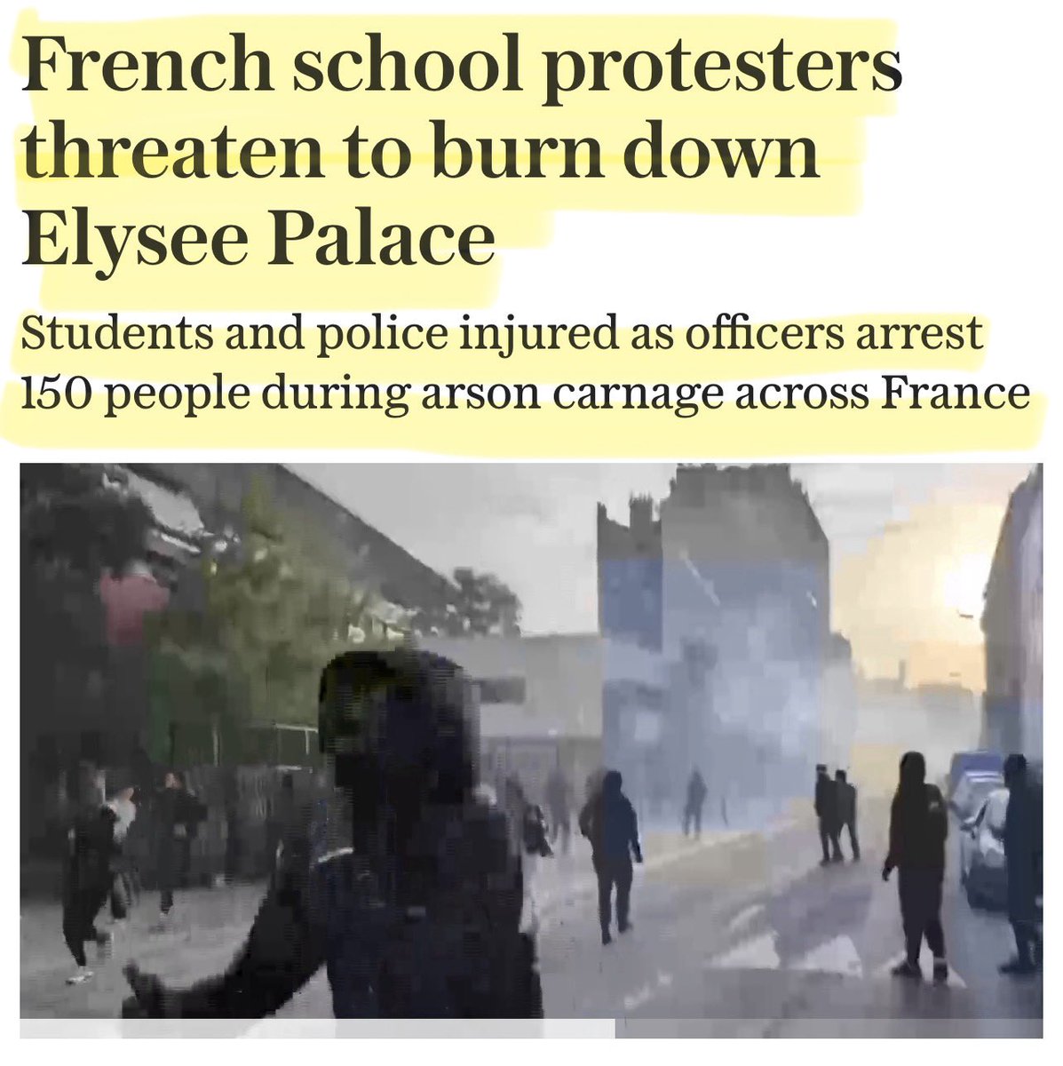 Artemisfornow's tweet photo. 🙄… left wing motivated thugs threaten to burn down the Élysée Palace after ransacking schools, attacking police and violently beating their own teachers!

And the left wing Magistrates’ Union’s response is …  To denounce the POLICE and condemn their actions against “minors” as a “heavy-handed and disproportionate use of force.”

France is finished.

Their suicidal empathy is about to throw them all off a building. Idiots.