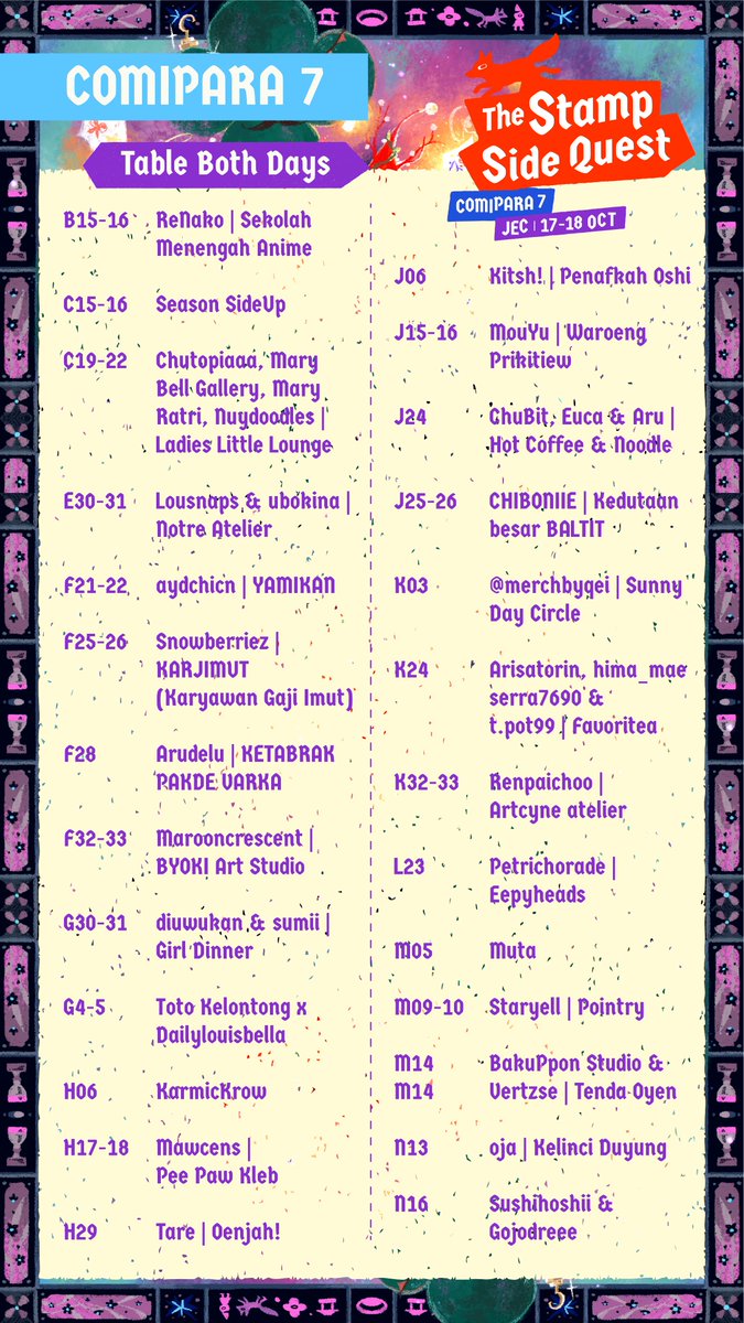 dailylouisbella's tweet photo. These lovely artists &amp; circles will provide stamps that you can collect on the spot for Comipara7 and CF23~  

part 1/2: Comipara, CF Booth, CF day 1 / day 2 only &amp; Table A sampai M

Bring your journal, book &amp; hunt for the stamps! 
#CF23 #Comipara7 #TheStampSideQuest https://t.co/QeNj6aALeJ