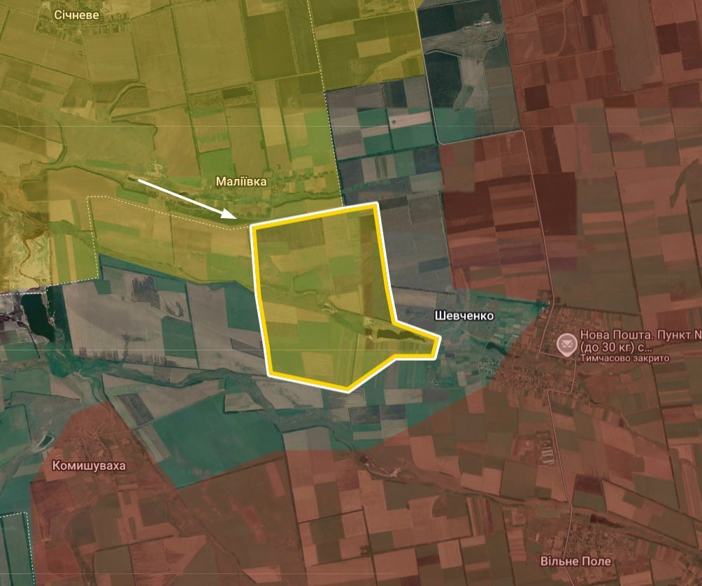 DakdaR22's tweet photo. Ukrainian fighters are advancing on the Shevchenko–Komar sector in southern Donetsk🇺🇦🙌

Ukrainian heroes are pushing toward Shevchenko while fighting continues in and around the settlement. 

At the same time, pressure is growing toward Komar, Privillne and Burlatske.

This is a developing Ukrainian counteroffensive axis 

🇺🇦 The fight is moving forward. 🫡

Have a powerful day,  guys🫡