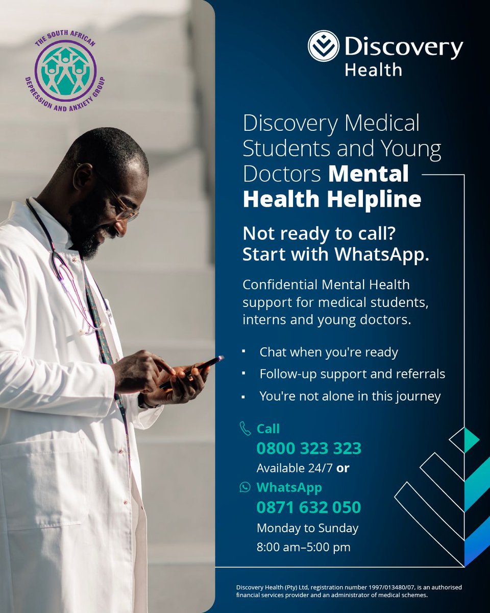 TheSADAG's tweet photo. Your Mental Health matters too. 

As we mark Mental Health Awareness Month, we recognise that the people who care for others also deserve care, understanding and confidential support.

The Discovery Medical Students and Young Doctors Mental Health Helpline is here to support⬇️ https://t.co/j8crvdwoMw
