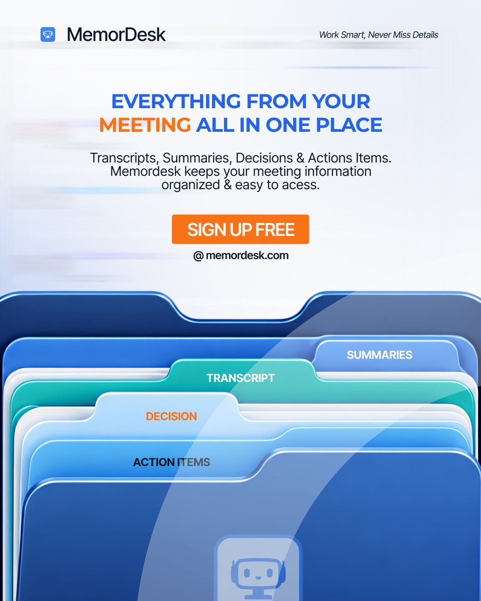 memordesk's tweet photo. MemorDesk keeps your transcripts, summaries, decisions, and action items organized in one place, ready whenever you need them.

Sign up free → https://t.co/K5eHbEiUAF 

#MemorDesk #MeetingAI #AIProductivity #SaaS https://t.co/bHqnpqR5AD
