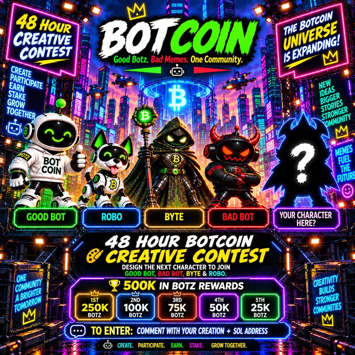 GoodBotBadMemes's tweet photo. 🎨 48 Hour BotCoin Creative Contest

🤖 The BotCoin Universe Is Expanding! Design The Next Character To Join Good Bot, Bad Bot, BYTE &amp; ROBO 🚀

🏆 500K In BOTZ Rewards
🥇250K 🥈100K 🥉75K 4️⃣50K 5️⃣25K
👇 To Enter: Comment Your Creation + SOL Address https://t.co/RjTfqBeXrT