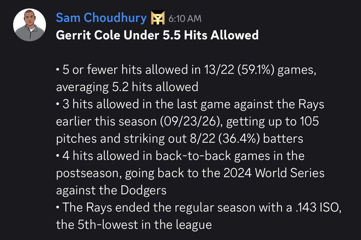 SC_FFB's tweet photo. MLB Free Play ⚾️

Gerrit Cole Under 5.5 Hits Allowed (-135, BetMGM)

30% off the full card with promo code NFL 👇
🔗 https://t.co/DtoRydlKqz https://t.co/LDnoomVhLP
