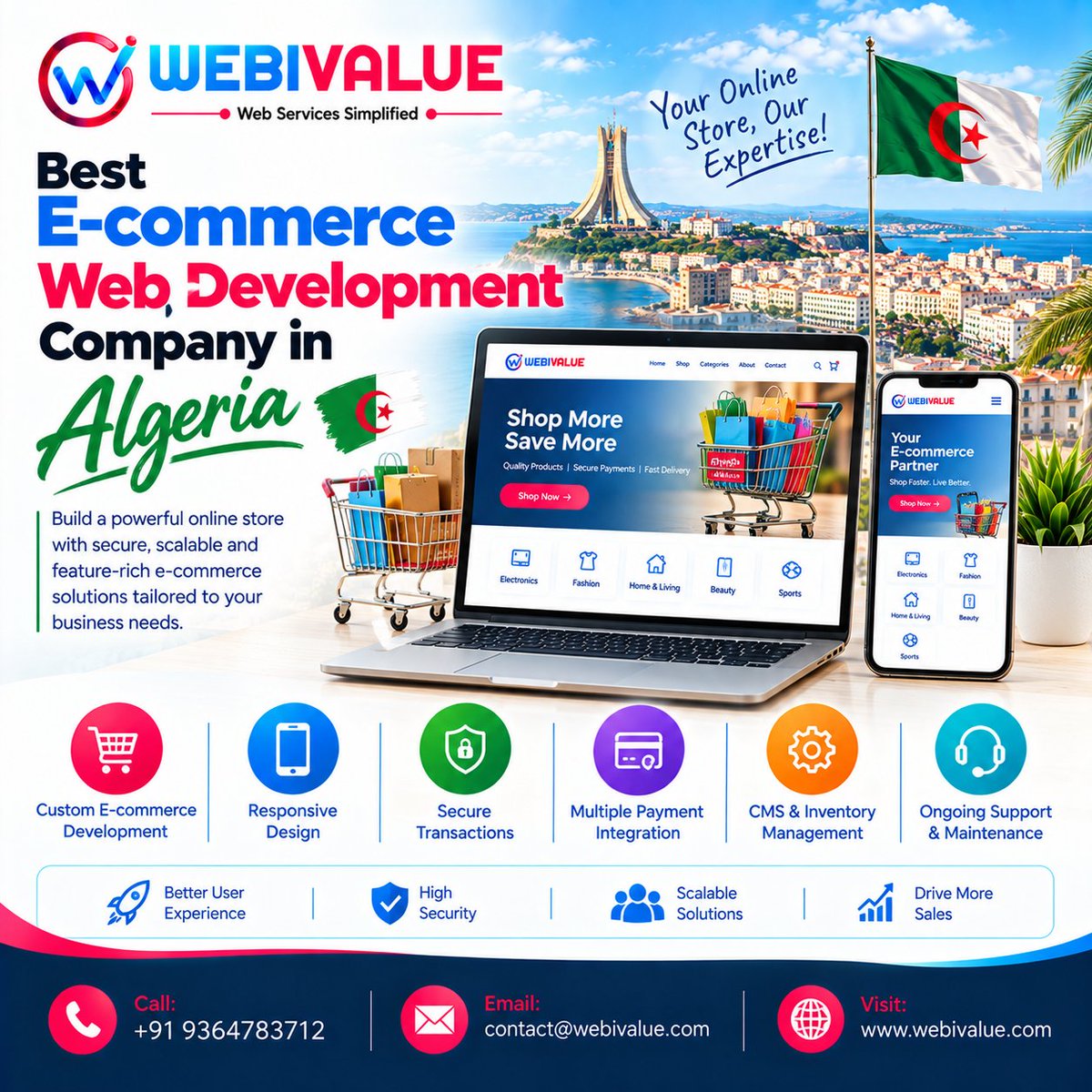 deekshawebi's tweet photo. 🛒 Build a powerful online store with WebiValue.

We provide secure, responsive &amp; scalable E-Commerce Web Development solutions in Algeria with payment integration, inventory management &amp; ongoing support.

📞 +91 9364783712
🌐 https://t.co/WsFOH9KKAT
#WebDevelopment #WebiValue https://t.co/j8aCBhpMpr