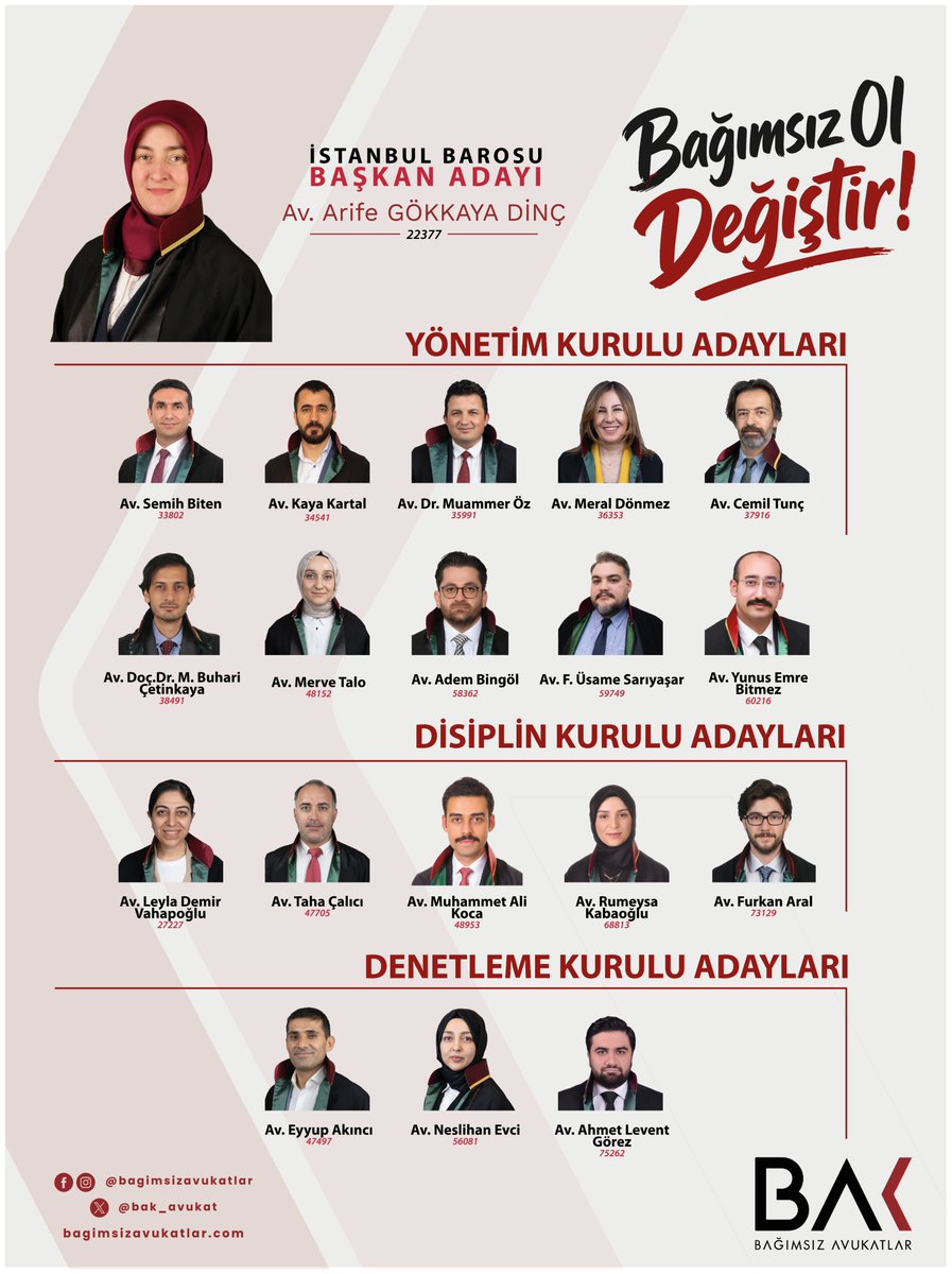 bak_avukat's tweet photo. Savunmanın gücü, sahanın tecrübesiyle buluşuyor! ⚖️

Bağımsız Avukatlar Başkan Adayımız Av. Arife Gökkaya Dinç ve duruşma salonlarından adliye koridorlarına kadar mesleğin tam kalbinde yer alan ekibimizle yola çıkıyoruz.

Bizler masa başında değil; her gün adliyelerde, haciz mahallerinde, karakollarda ve duruşma salonlarında mesleğin gerçeklerini yaşayan, sorunları bizzat tecrübe eden avukatlarız.

Mesleğimizin mutfağından gelen bu tecrübe ve kararlılıkla;
🔹 Meslektaşlarımızın sahada karşılaştığı her engeli yakından biliyor,
🔹 Teorik vaatler değil, pratiğe dayalı somut çözümler üretiyor,
🔹 Bağımsız, etkin ve güçlü bir baro anlayışını sahaya yansıtıyoruz.

Geleceği, mesleğin tozunu yutan ve sahada omuz omuza mücadele eden avukatlarla inşa edeceğiz.

Çünkü güçlü savunma, sahada olan avukatla başlar! 💪✨
