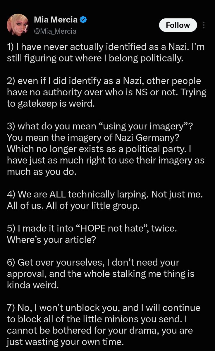 TheNativist_'s tweet photo. *sigh*

National Socialism is not an open label. Exclusion is baked into the doctrine: a closed racial and ideological community, not a club you join by self-description. People inside it have always had the authority to say who is not welcome and to remove those they judge alien or degenerate. “Gatekeeping is weird” only works if belonging is optional. Under NS it is not. Use the imagery if you want but you do not get to decide that no one may tell you that you are outside it. 

In a cult of purity, the impure are excised.