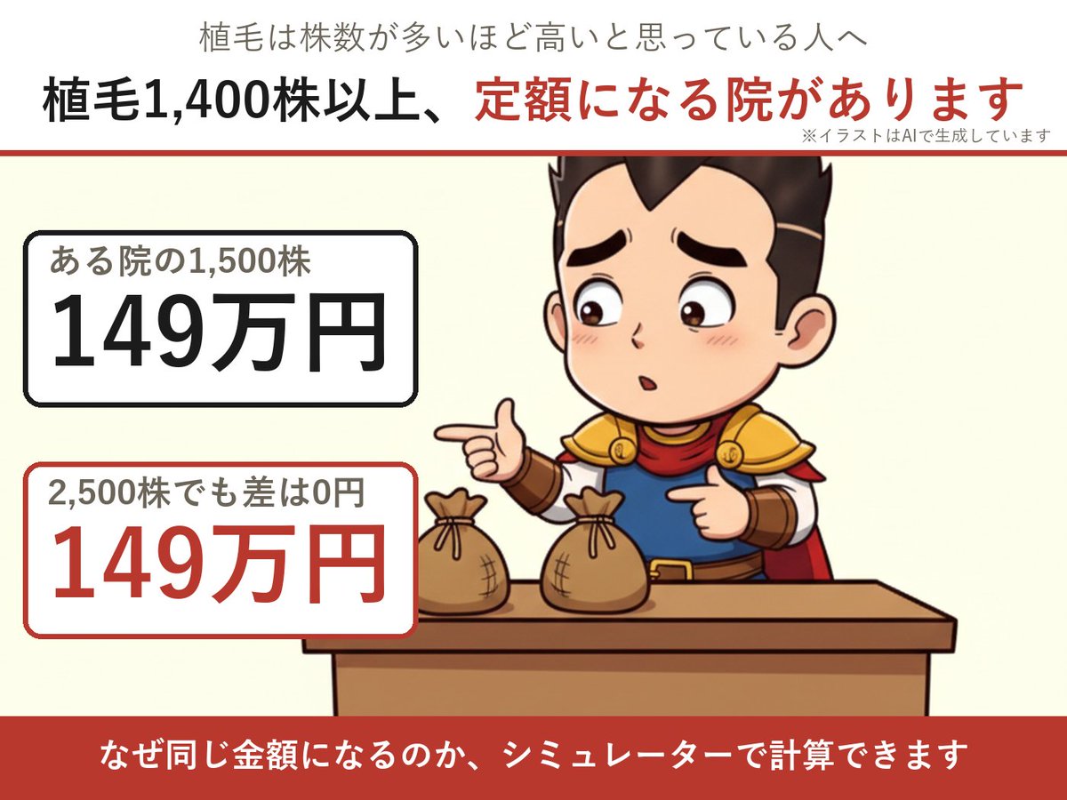 isekaihage's tweet photo. 【M字ハゲ家計簿】植毛の金額、株数だけで決まると思っていませんか。

▼植毛金額シミュレーター▼
https://t.co/zKkV9CTYHy

実は149万円の中身は、動く分と動かない分に分かれていました。

基本料金：22万円
植え放題プラン：127万円

自分の株数はどちらか、シミュレーターで確かめてください！ https://t.co/sQLy8DdxCs