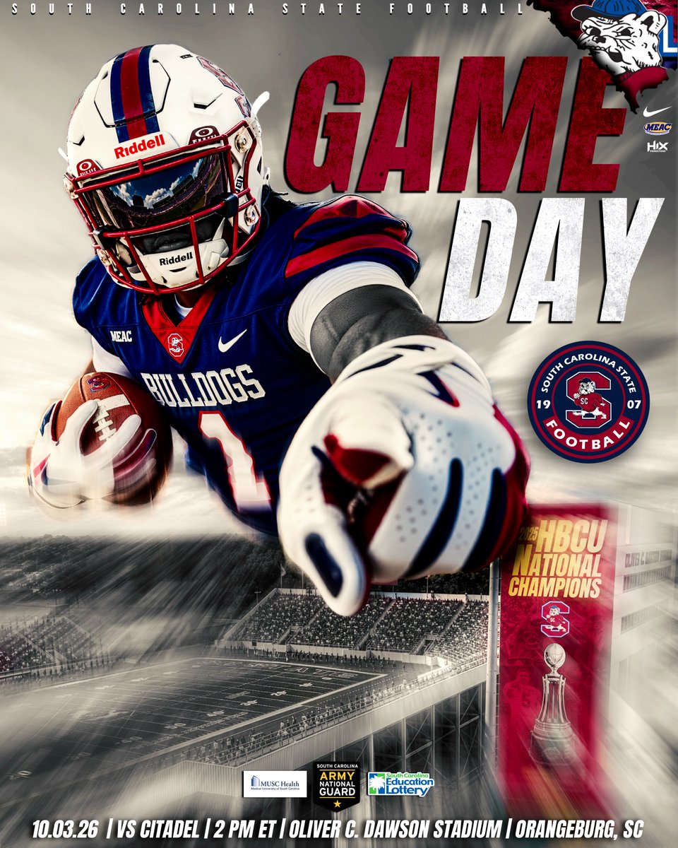 SCState_Fb's tweet photo. #GoDogs

🐶 WAKE UP, BULLDOG NATION… IT’S GAME DAY! 😤🔥

THE CITADEL IS COMING TO ORANGEBURG.
THE DOGS HAVE BUSINESS TO HANDLE. 🏈

Every snap. Every hit. Every possession.
Bring the intensity. Set the tone. MAKE THEM FEEL IT.

PROTECT OUR HOUSE.
PLAY TO OUR STANDARD.
LEAVE. NO. DOUBT. 🔴🔵

Bulldog Nation, we need YOU loud from the Bulldog Walk to the final whistle! Pack the stands, bring that energy, and let’s get Oliver C. Dawson Stadium ROCKING! 🗣️🔥

🐾 Bulldog Walk: 11:30 AM
🏈 Kickoff: 2 PM ET
📍 Oliver C. Dawson Stadium
⚔️ vs. The Citadel @CitadelFootball 
🩷 FANS — WEAR PINK!

ONE TEAM. ONE MISSION.
LET’S GO TO WORK! 😤🐶

@SCStateAthletic @MEACSports @coachberry77 
#PayTheFEE
#DigDEEP
#STATEofMind
#RaiseTheBAR
🔴🔵🐶🏈