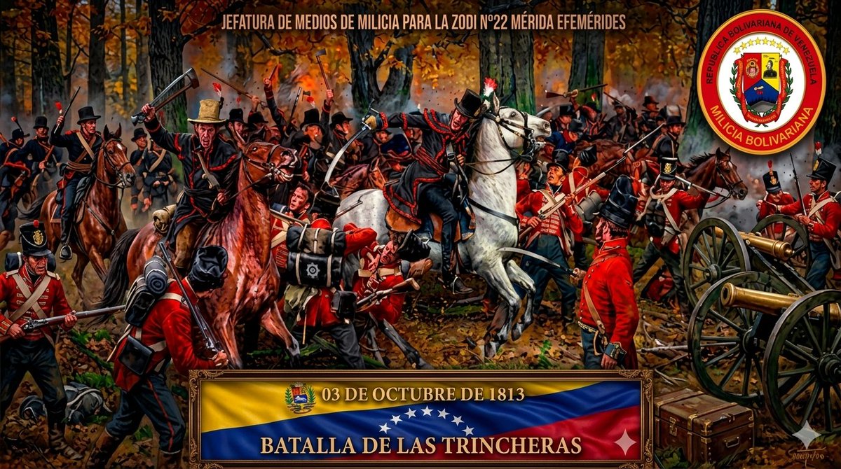 mili_zodimerida's tweet photo. Hoy conmemoramos la victoria patriota en Las Trincheras (1813), un combate definitivo donde la determinación americana venció la opresión realista. Desde la Jefatura de Medios de Milicia de la ZODI N°22 Mérida. https://t.co/gYJIqKPwZ2
