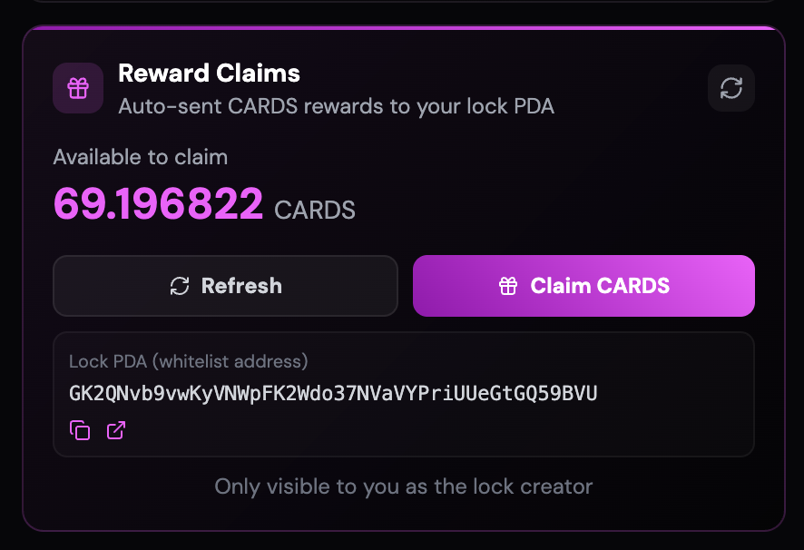 CardCatCards's tweet photo. Our 3 locked @StakePointApp Treasury vaults have started to accumulate solana:CARDSccUMFKoPRZxt5vt3ksUbxEFEcnZ3H2pd3dKxYjp tokens.

Our plan is to claim the rewards accrued to these vaults periodically and move them to our Prize draw wallet here: 8wWAzbnSBP39FcAPTyG4reXJwuoxCgrjzX7prmpF59s where the solana:CARDSccUMFKoPRZxt5vt3ksUbxEFEcnZ3H2pd3dKxYjp will be converted to USDC and used for Gacha draws for $CARDCAT holders.