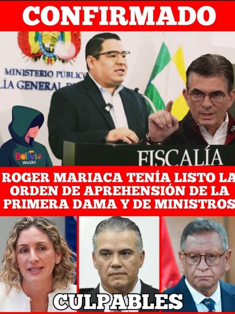 BoliviaLibreNow's tweet photo. EL FISCAL MARIACA TENÍA LISTO 2 ÓRDENES DE APREHENSIÓN CONTRA LA ESPOSA DEL PRESIDENTE Y UN MINISTRO

Son las razones para que el presidente tome represalias y no se descubra la corrupcion de su esposa y del presidente en el  narcotráfico con Cerimedo. 
👇
https://t.co/ahhyusqynW https://t.co/jfDHzKoAAJ