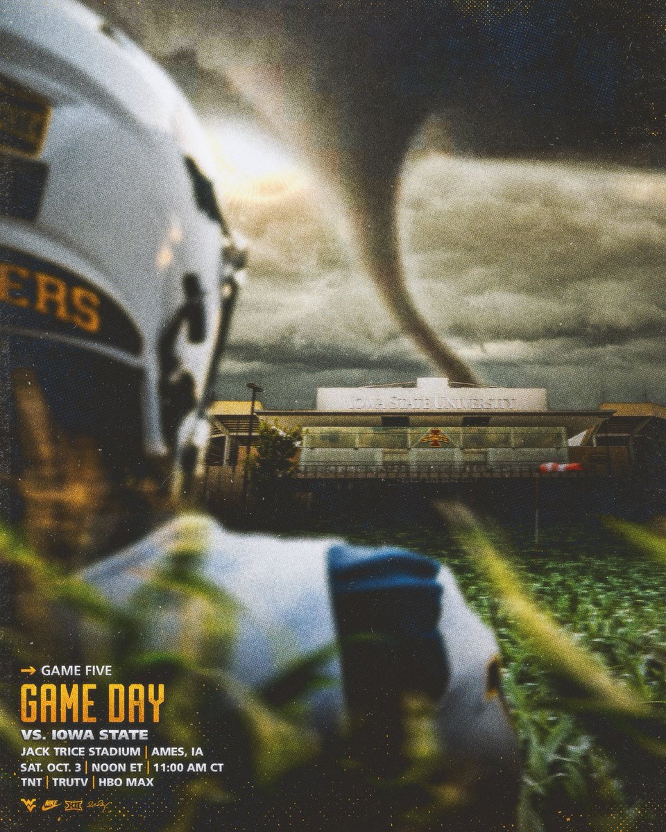 WVUfootball's tweet photo. IT’S GAME DAY!

🆚 Iowa State
🏟️ Jack Trice Stadium
📍 Ames, Iowa
⏰ 11:00 CT / Noon ET
📺 TNT / TruTV / HBO Max https://t.co/YRVF2Z8VXK