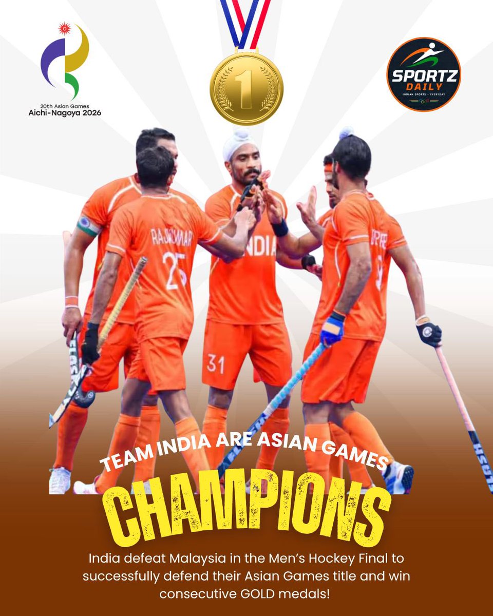 SportzDaily_IN's tweet photo. GOLD FOR INDIA! 

INDIA ARE ASIAN GAMES CHAMPIONS IN MEN’S HOCKEY! 

India defeats Malaysia in the FINAL to successfully defend their Asian Games title and secure back-to-back GOLD medals!

CHAMPIONS AGAIN!
ASIAN GAMES GOLD!
LA 2028 OLYMPIC QUALIFICATION SECURED! https://t.co/5LKwtVEwyn