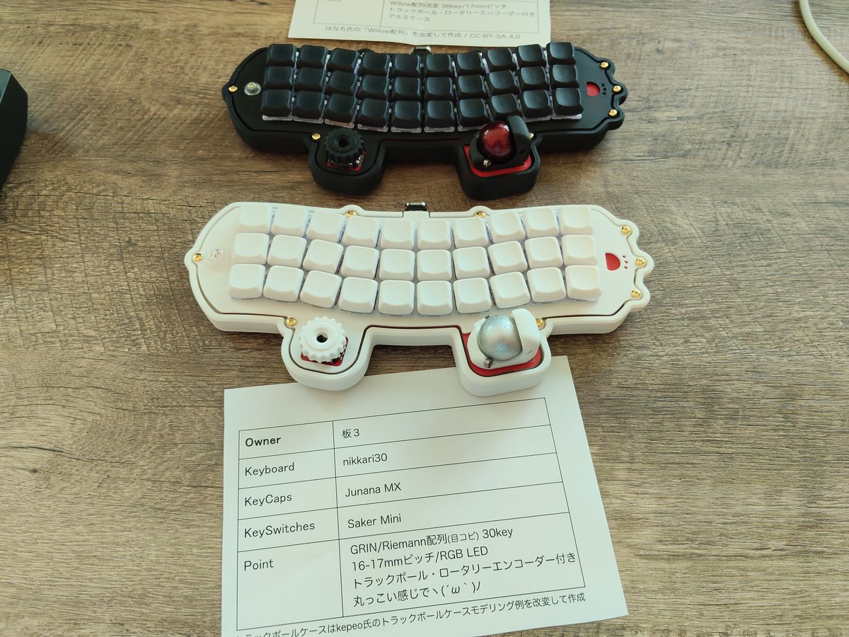KKaK_Make's tweet photo. 今日 #天キー vol12で見かけて一番嬉しかったのがRiemann配列の30%キーボードnikkari30。
Riemannから1行2列を削ってトラボとエンコーダを搭載！ https://t.co/HIiWuZbnar