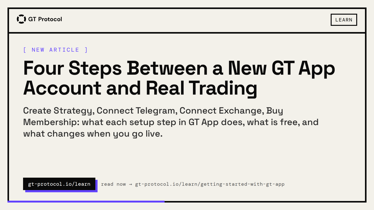 GT_Protocol's tweet photo. New on the blog: Four Steps Between a New GT App Account and Real Trading

Create Strategy, Connect Telegram, Connect Exchange, Buy Membership: what each setup step in GT App does, what is free, and what changes when you go live. https://t.co/zPfDePl9w8